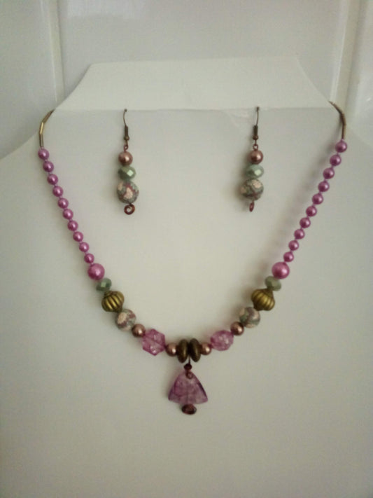 Necklace and earring set (purple, triangular crackle beads with antique bronze findings)