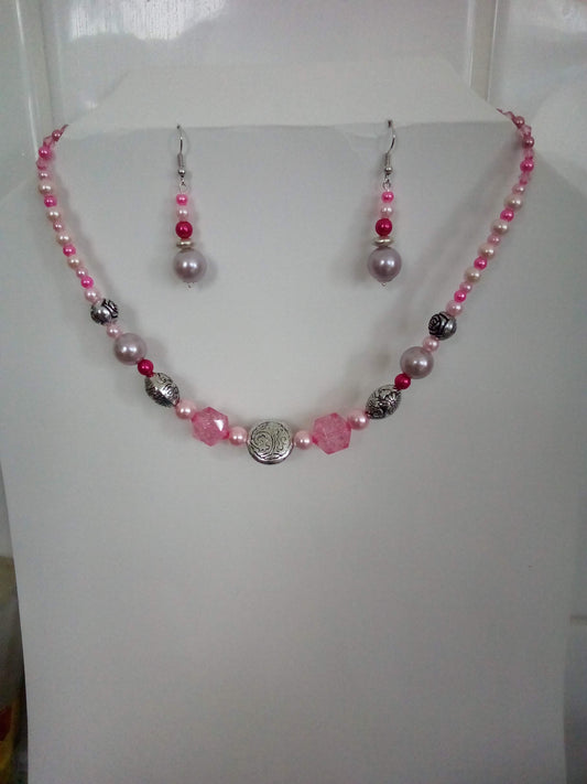 Necklace and earrings set (pink, silver and pale lilac)