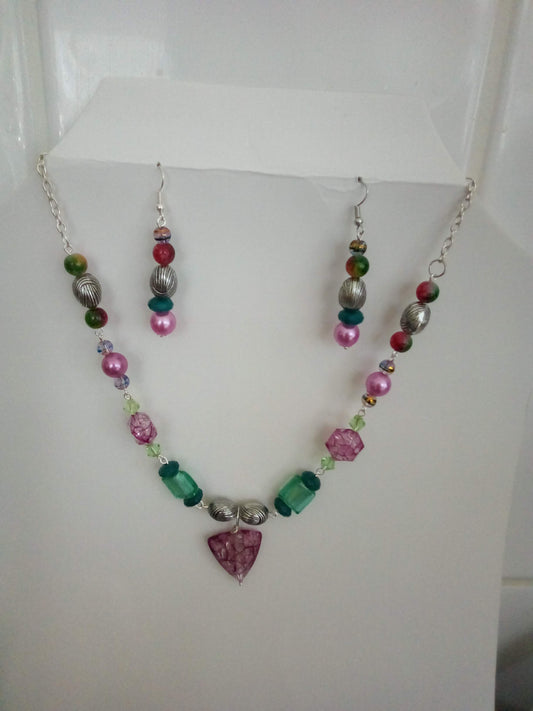 Necklace and earrings set (Purple and Green with silver coloured findings)