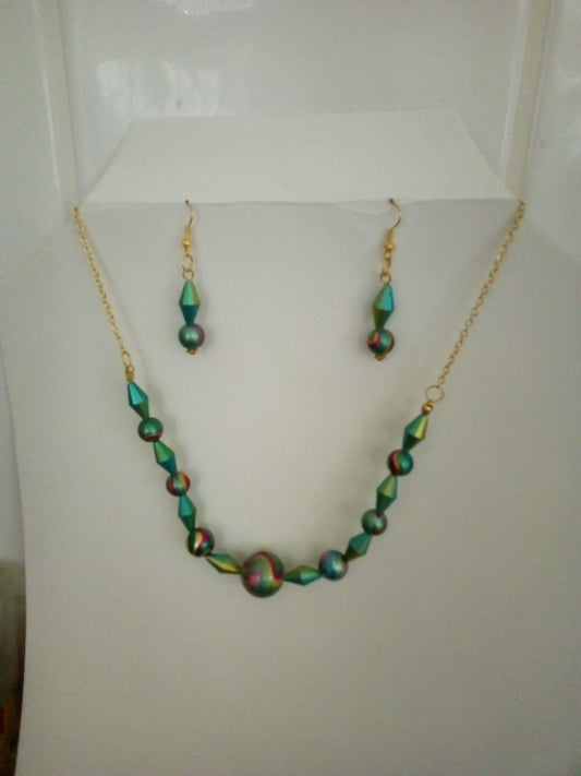 Necklace and earrings set (Green with rainbow swirls)