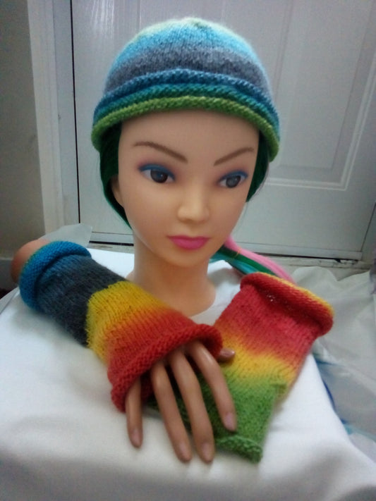 Beanie and fingerless mitts set (rainbow coloured)