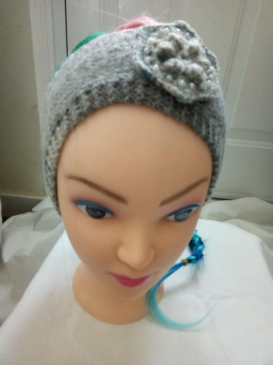 Knitted Grey/blue ear warmer/headband with a beaded crochet flower