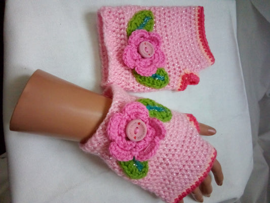 Fingerless mitts with flower detail (multi shades of pink & green for leaves)